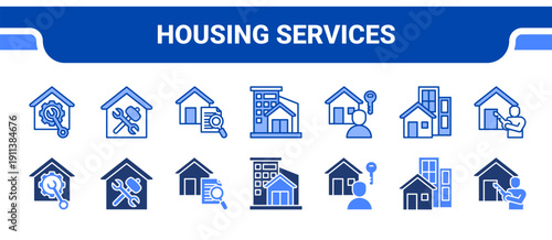 Housing Services Icon Collection,  featuring Home service, Home repair, Home inspection, Residential building, Tenant, Property, Ownership.