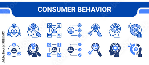 Consumer Behavior Icon Collection,  featuring Consumer behavior, Customer behavior, Buyer persona, Customer, Target audience, Psychographics, Demographic.