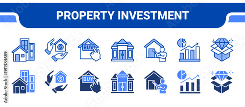 Property Investment Icon Collection,  featuring Property, Mortgage, Buy home, Luxury home, Ownership, Market analysis, Value proposition.