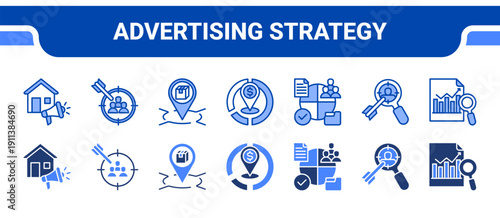 Advertising Strategy Icon Collection,  featuring Advertising, Target marketing, Brand positioning, Market positioning, Segmentation, Target audience, Competitive analysis.