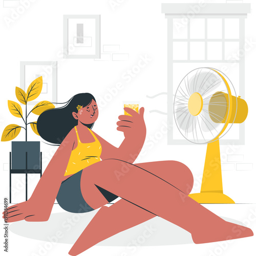 Woman Relaxing Indoors with Refreshing Drink and Cooling Fan on a Hot Day