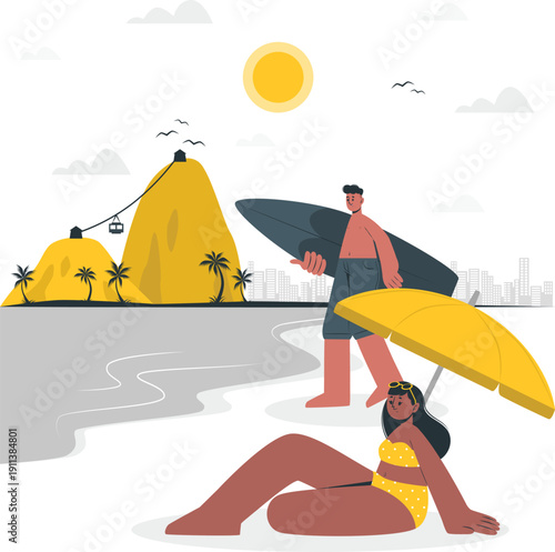 Couple enjoying a sunny day at the beach with a cityscape in the background