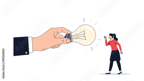 Moment of inspiration where a giant hand provides a bright glowing lightbulb to a woman representing a new creative idea or business insight.