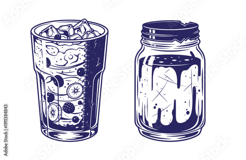 Grunge texture illustration of a glass and a jar with drink and ice cubes on white background Vintage Style