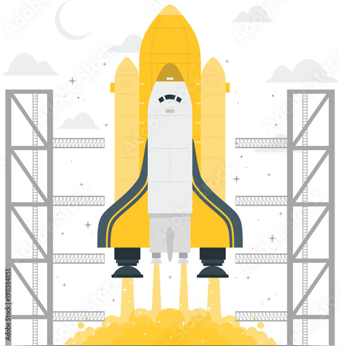 Space shuttle launching from launchpad with smoke and flames, viewed from the front, at dusk with clouds and moon