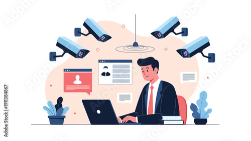Privacy and digital security concerns illustrated by a man working on a laptop while being watched by multiple overhead surveillance cameras.