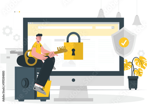 Person unlocking digital security on a computer screen with a large key