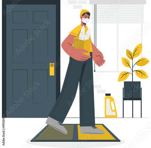 Man entering house wearing protective mask and holding cleaning supplies standing on welcome mat