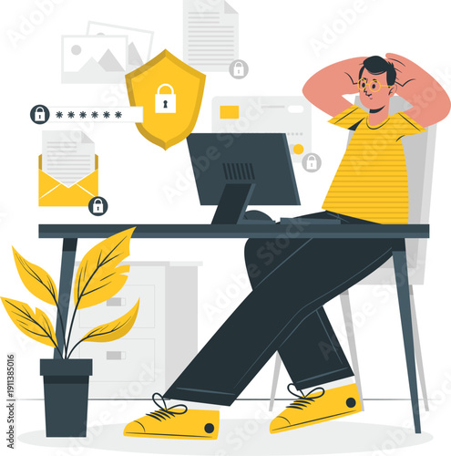 A person relaxing at a desk with a computer and security shield nearby, illustrating a safe working environment from a casual viewpoint