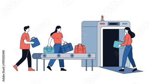 Travelers queue with their heavy luggage to pass through an airport security scanner for safety checks before their scheduled flight departure.
