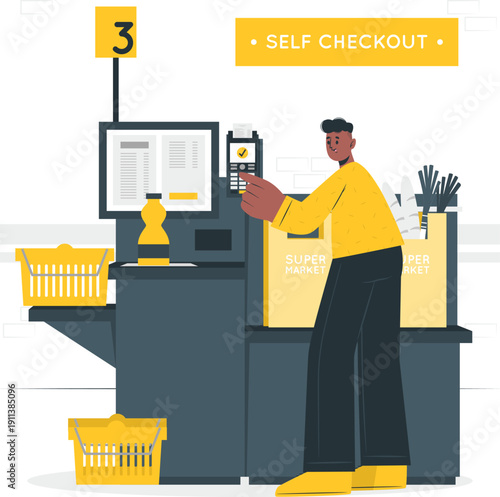 Man using self-checkout machine at supermarket with shopping basket nearby in modern retail environment from a front viewpoint