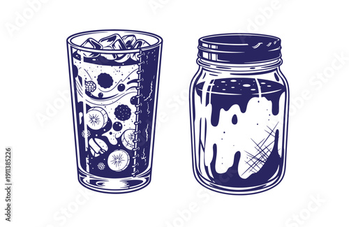 Grunge texture Illustration of a glass with ice and fruit and a mason jar with liquid  refreshing drinks Vintage Style