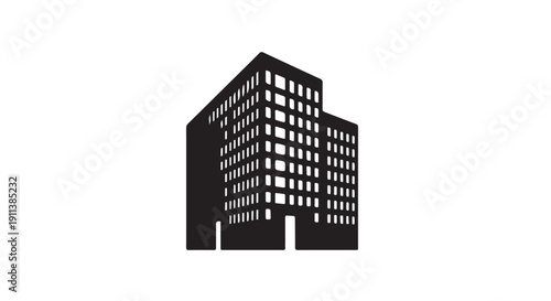 Modern office building silhouette in minimalist style with dramatic lighting on white background for corporate branding