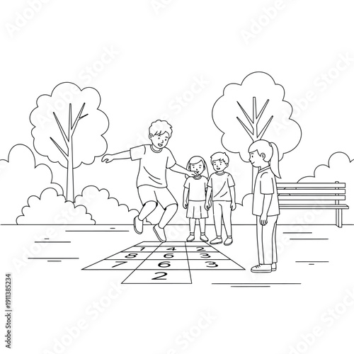 Four children playing hopscotch in a park, with one boy jumping on the numbered grid while others watch.