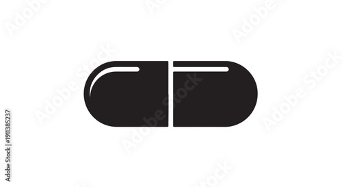 Black capsule pill in simple flat design with clean white lines on isolated white background for medical icon