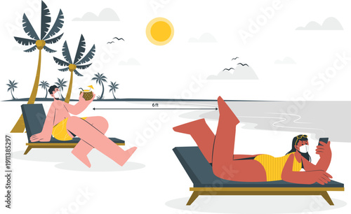 Relaxed individuals recline on beach loungers under palm trees by the ocean on a sunny day