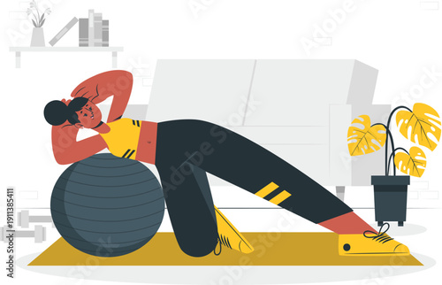 Woman exercising on a fitness ball in a living room with a yoga mat and potted plant nearby