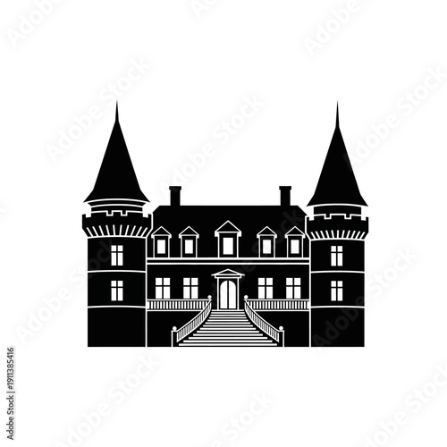 Black Silhouette of a Grand European Castle with Towers and Stairs