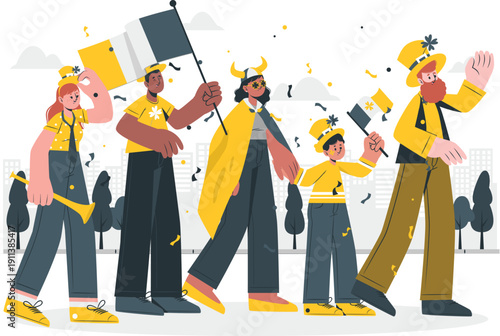 Illustration of people celebrating a festive parade with confetti and banners in a lively street scene