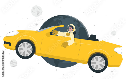 Astronaut driving a yellow convertible sports car on the moon's surface in a surreal space scene