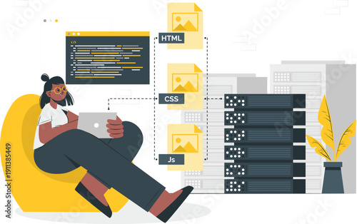 Woman working on laptop surrounded by coding elements and servers in a modern digital workspace illustration