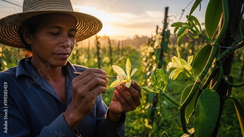 A vanilla farmer in Madagascar hand-pollinating delicate vanilla orchid flowers at sunrise in a lush, green plantation, a painstaking and precise process.
