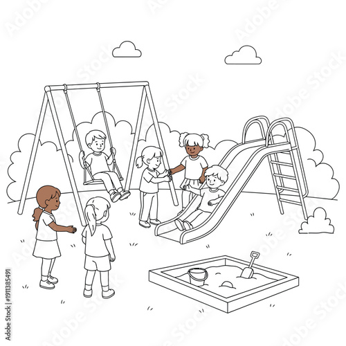 Line drawing of children playing happily in a park with a swing set, a slide, and a sandbox on a sunny day.