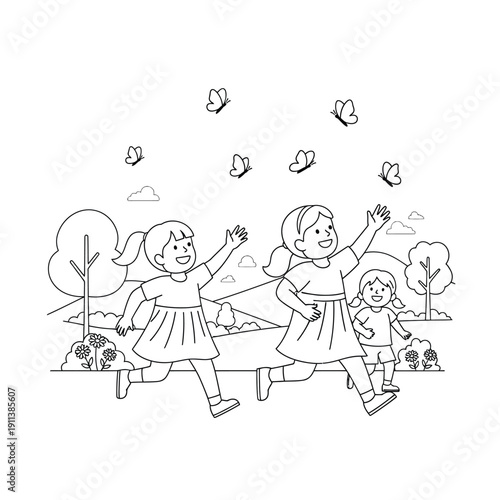 Three happy young girls running and playing in a park, chasing butterflies on a sunny day, line art illustration perfect for coloring books.