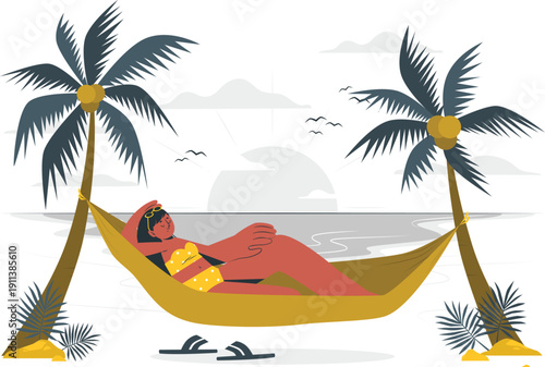 Woman relaxing in a hammock between palm trees by the ocean during a serene sunset