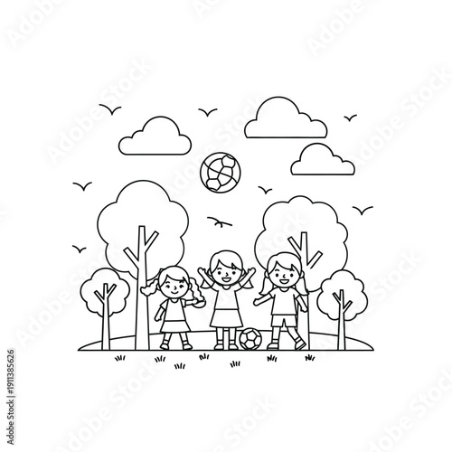 Three happy girls playing soccer outdoors in a park with trees, clouds, and birds, presented in a line art style.