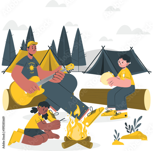 Family enjoying a serene camping trip together, playing music, and roasting marshmallows near a cozy campfire under a peaceful landscape.