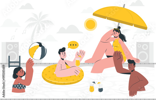 People enjoying a leisurely day at the beach with inflatables and umbrellas under the sun