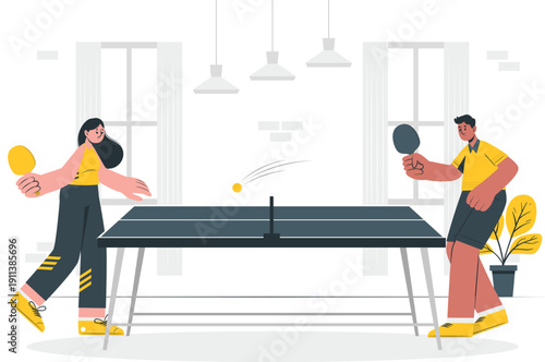 Two people playing table tennis in a well-lit indoor court with a potted plant nearby