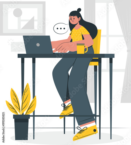 Woman working on laptop at desk in modern office environment from a slightly elevated viewpoint