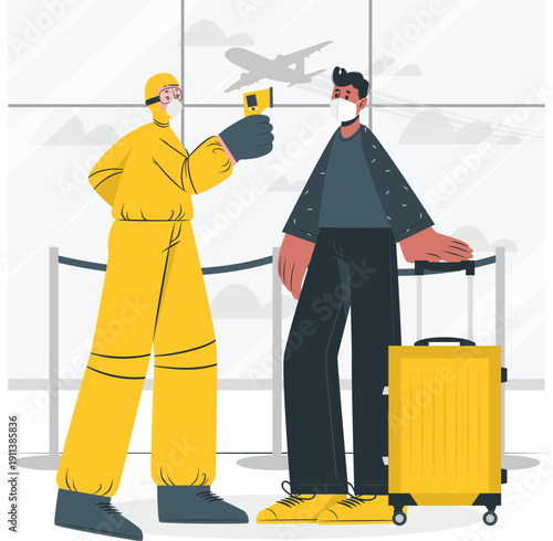 Airport staff in bright yellow uniforms checking passenger's temperature with a thermometer at a traveler's booth