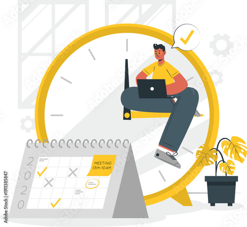 Man working on laptop while sitting on a giant clock surrounded by calendar and plants in an office environment from a top viewpoint