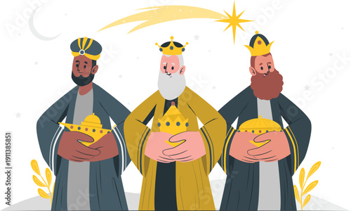 Three wise men holding golden gifts standing together under a shining star in the night