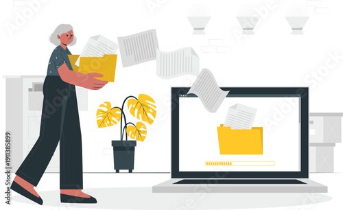 An older adult transferring files from a folder to a laptop computer in a modern office setting with a plant nearby