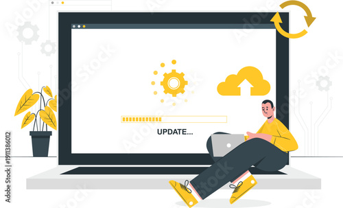 Man relaxing with laptop, update progress on screen, surrounded by plants, sunny environment, viewed from slightly above.