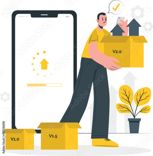 Man holding cardboard box with mobile phone in a technology setting with plants and boxes nearby