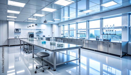 Medical Lab Wide Angle View Clean Geometric Symmetry and Cool Lighting