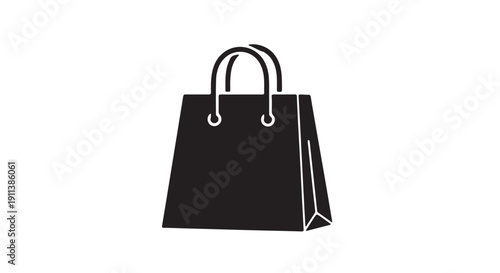Black shopping bag with handles in simple flat design on white background for e-commerce
