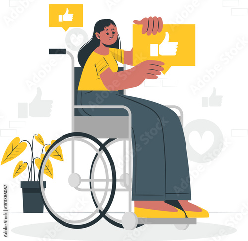 Woman in wheelchair giving a thumbs up sign surrounded by social media icons and symbols in a minimalist illustration style