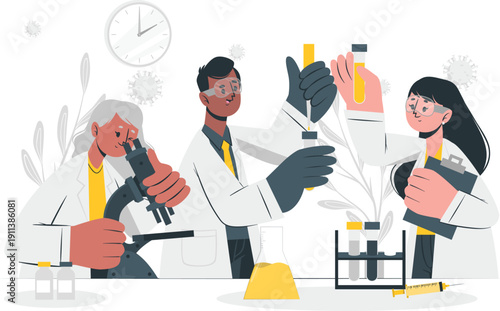 Scientists conducting experiments in a laboratory setting with various equipment and samples