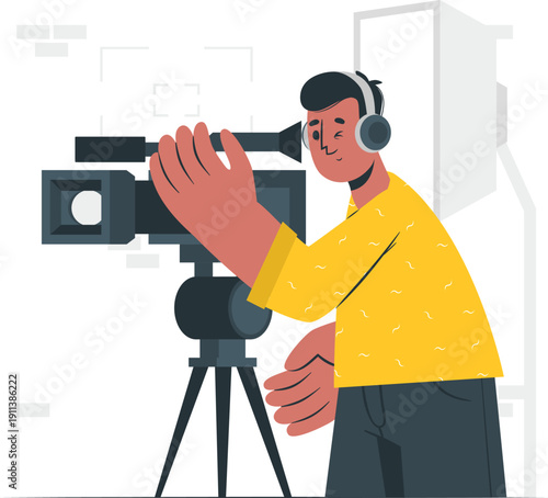 A cameraman adjusting his camera equipment on a tripod, focused on capturing a scene