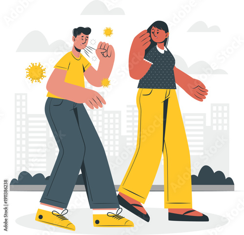 Two people dancing with joy in a sunny urban environment from a distant viewpoint