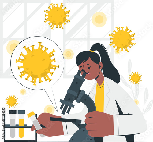 Scientist examining virus samples through microscope in laboratory setting with various test tubes nearby