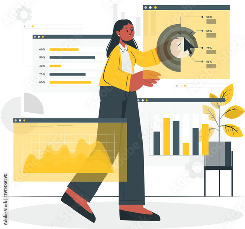 Woman analyzing business data on digital screens in a modern office setting from a slight overhead viewpoint