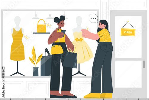 Two women discussing fashion trends in a clothing store with mannequins and stylish outfits on display