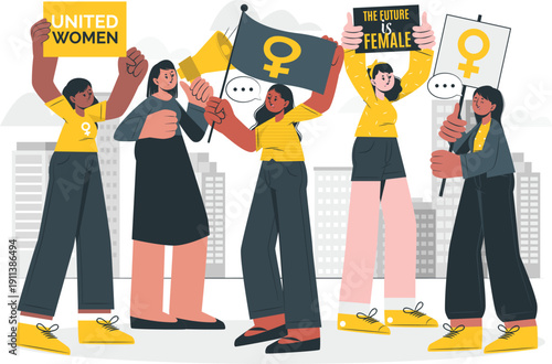 Women united in protest, holding signs and standing together in city streets, viewed from a slight elevation.